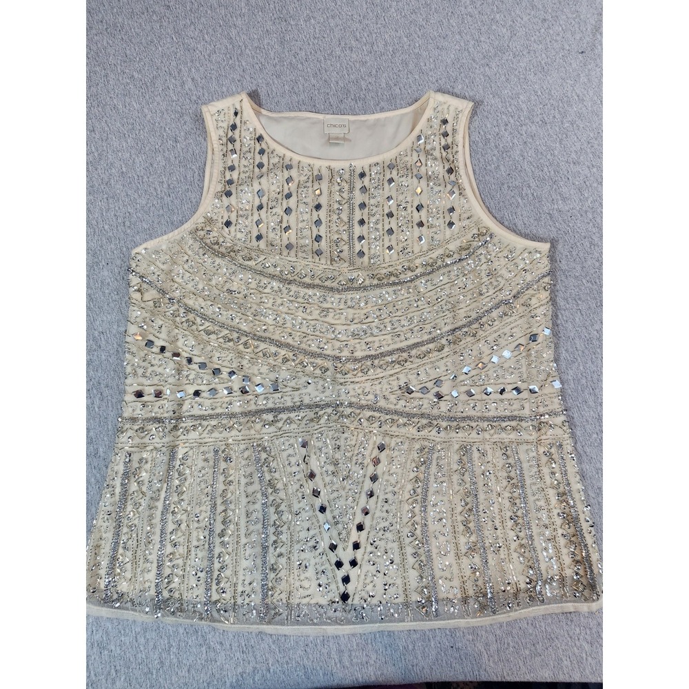 Chico's Sleeveless Top Women Size 2 Cream Beaded Sequin Embellished Mesh